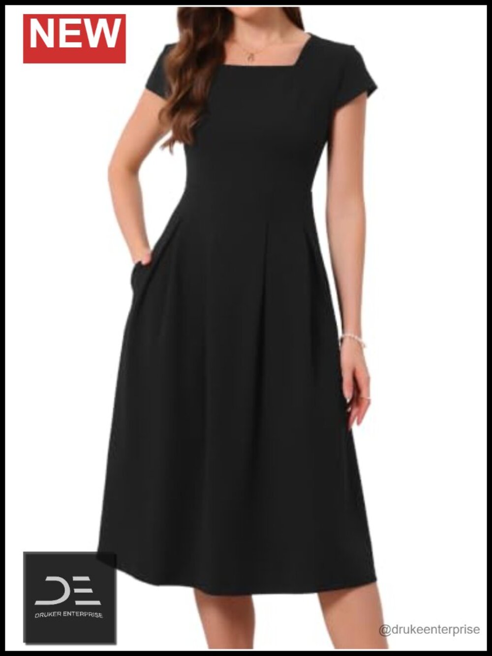 Vintage Square Neck A-Line Midi Dress with Cap Sleeves & Pockets